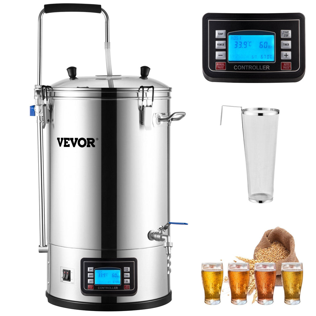 Pubbin Grubbin All In One Electric Brewing System, For Easy Home Brewing Of Your Favorite Beers Brewed To Order. 9.2 Gal Brewing Pot, Pump, Mash Boil Device Panel, Auto/Manual Mode 100-1800W Power 25-100℃ Temp 1-180 Min Timer Recipe Memory.