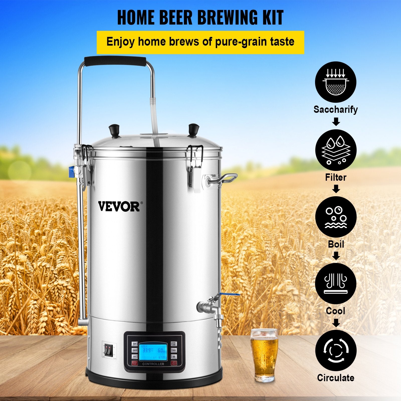 Electric Brewing System, 9.2 Gal/35 L Brewing Pot, All-in-One Home Beer Brewer W/Pump, Mash Boil Device W/Panel, Auto/Manual Mode 100-1800W Power 25-100℃ Temp 1-180 Min Timer Recipe Memory